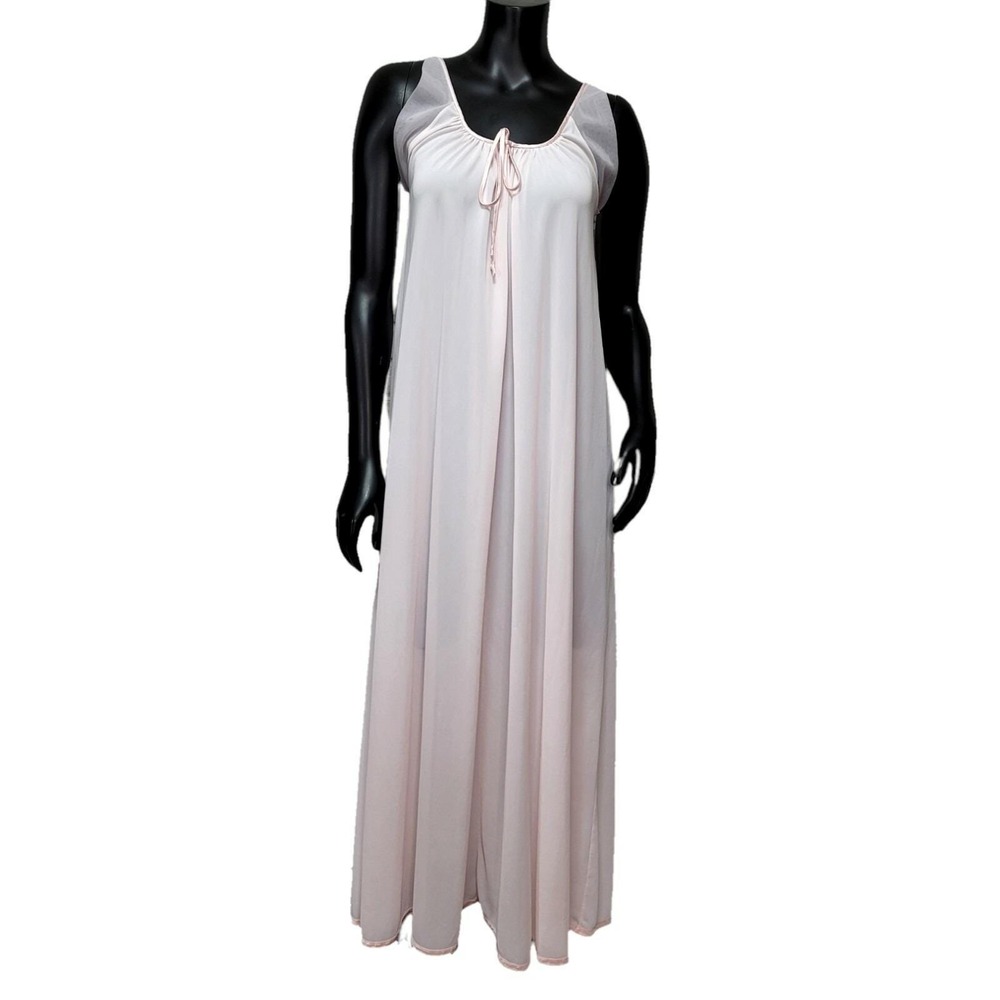 Tosca Vintage 70s Pink Maxi Nightgown Mesh Straps Gathered Tie Front Sleepwear S